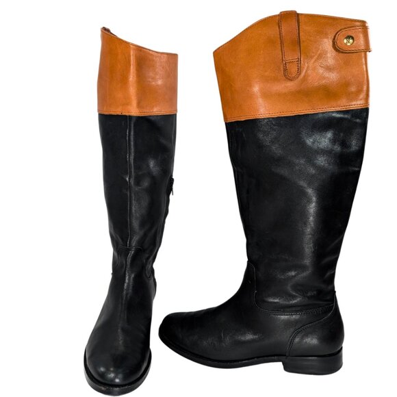 Lauren Ralph Lauren Women's 7B Black & Tan Leather Jessica Calf Riding Boots - Picture 1 of 10